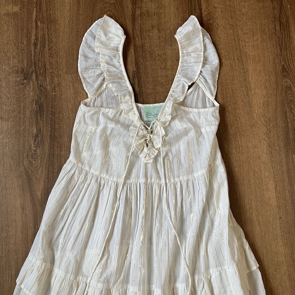 True Destinations White Gold Threaded Bohemian Tiered Maxi Dress Sz S - Picture 15 of 15